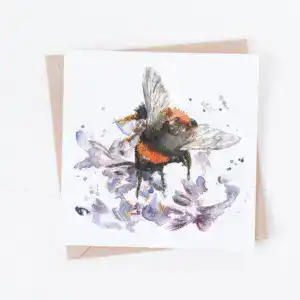 Bumblebee watercolor illustration on floral background, botanical art, nature-inspired wall decor, garden-themed artwork.