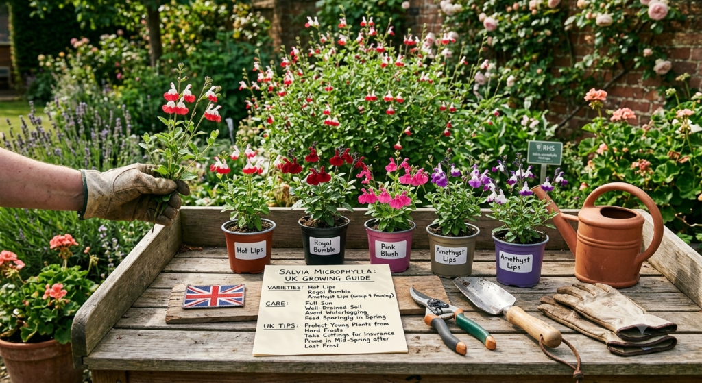 Salvia microphylla: Varieties, Care and UK Growing Guide 1 A high-quality photograph of a wooden potting bench in a British garden. Five potted salvia varieties labeled 'Hot Lips', 'Royal Bumble', 'Pink Blush', and 'Amethyst Lips' stand in a line next to a small terracotta watering can. On the bench lies a handwritten paper titled 'Salvia Microphylla: UK Growing Guide' listing care instructions, alongside a trowel, pruning shears, leather gloves, and a Union Jack badge. A gloved hand holds a plant cutting on the left, while a large blooming salvia bush and a brick wall with roses fill the sunny background.