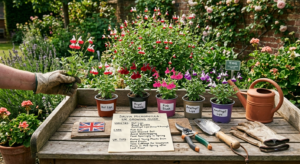 A high-quality photograph of a wooden potting bench in a British garden. Five potted salvia varieties labeled 'Hot Lips', 'Royal Bumble', 'Pink Blush', and 'Amethyst Lips' stand in a line next to a small terracotta watering can. On the bench lies a handwritten paper titled 'Salvia Microphylla: UK Growing Guide' listing care instructions, alongside a trowel, pruning shears, leather gloves, and a Union Jack badge. A gloved hand holds a plant cutting on the left, while a large blooming salvia bush and a brick wall with roses fill the sunny background.