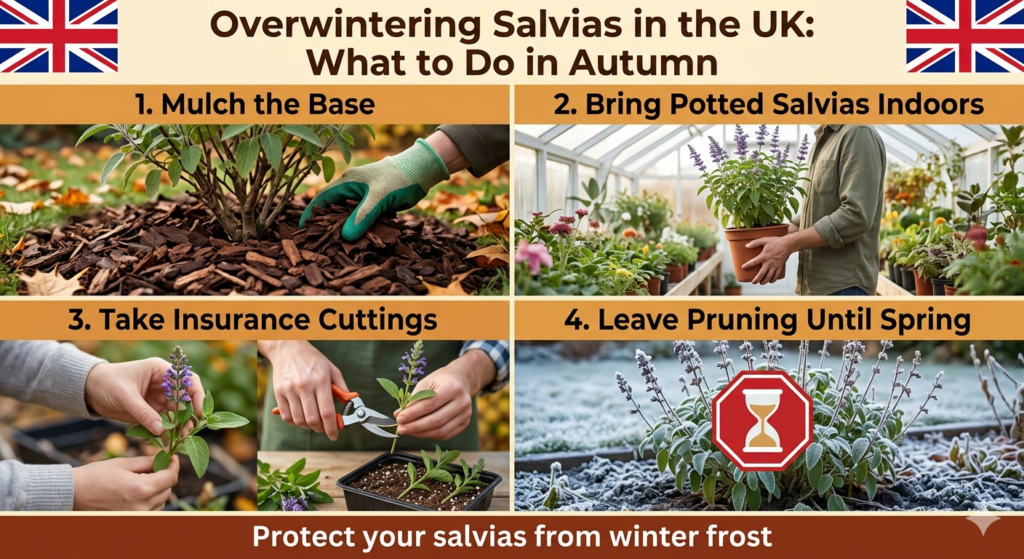 Overwintering Salvias in the UK: What to Do in Autumn 3 An autumn gardening guide infographic titled 'Overwintering Salvias in the UK: What to Do in Autumn'. Panel 1 shows a gloved hand applying bark mulch around the base of a salvia plant. Panel 2 shows a gardener carrying a potted salvia into a greenhouse. Panel 3 shows hands snipping stems to take insurance cuttings. Panel 4 shows a frost-covered salvia plant in winter with a red octagonal warning sign containing an hourglass, reminding gardeners to delay pruning until spring.