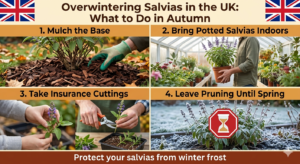 Blog 4 An autumn gardening guide infographic titled 'Overwintering Salvias in the UK: What to Do in Autumn'. Panel 1 shows a gloved hand applying bark mulch around the base of a salvia plant. Panel 2 shows a gardener carrying a potted salvia into a greenhouse. Panel 3 shows hands snipping stems to take insurance cuttings. Panel 4 shows a frost-covered salvia plant in winter with a red octagonal warning sign containing an hourglass, reminding gardeners to delay pruning until spring.