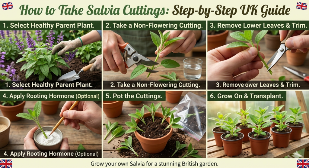 How to Take Salvia Cuttings: Step-by-Step UK Guide 7 A step-by-step infographic titled 'How to Take Salvia Cuttings: Step-by-Step UK Guide' featuring six numbered panels with Union Jack details. Step 1 shows choosing a healthy purple salvia plant. Step 2 shows using secateurs to snip a non-flowering stem. Step 3 shows trimming the lower leaves. Step 4 shows dipping the stem in white rooting hormone powder. Step 5 shows multiple cuttings planted in a terracotta pot of compost. Step 6 shows several young salvia plants thriving in small pots on a greenhouse shelf.