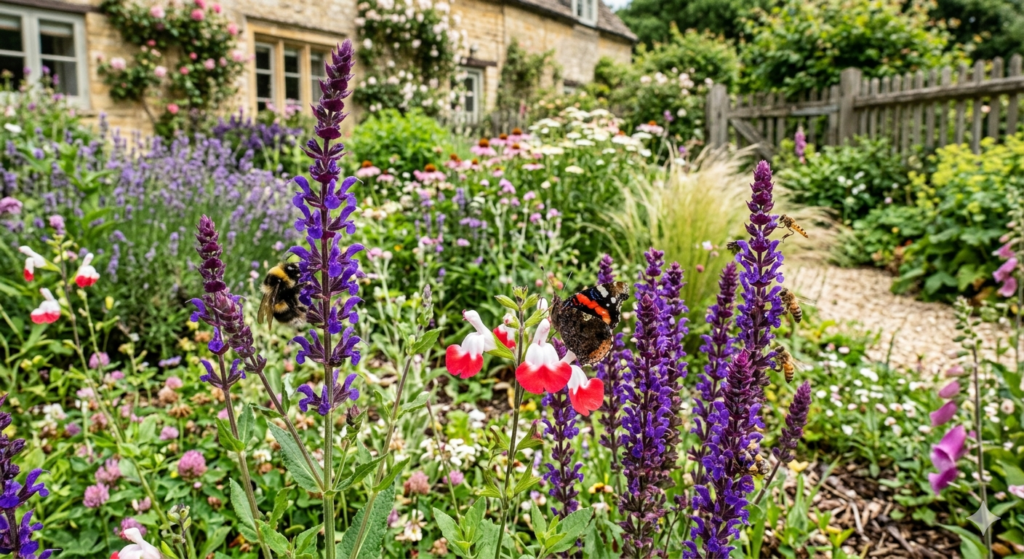 Best Salvias for Pollinators and Wildlife Gardens UK 5 The Best Salvias for Pollinators: A close-up, eye-level shot of a vibrant UK wildlife garden featuring purple and red-and-white salvia flowers in full bloom. A fluffy bumblebee and honeybees feed on the purple flower spikes, while a Red Admiral butterfly rests on a bicolor salvia. In the soft-focus background, a traditional stone English cottage, a wooden garden gate, and a gravel path are surrounded by lush greenery and lavender.