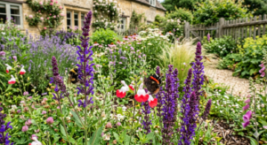 The Best Salvias for Pollinators: A close-up, eye-level shot of a vibrant UK wildlife garden featuring purple and red-and-white salvia flowers in full bloom. A fluffy bumblebee and honeybees feed on the purple flower spikes, while a Red Admiral butterfly rests on a bicolor salvia. In the soft-focus background, a traditional stone English cottage, a wooden garden gate, and a gravel path are surrounded by lush greenery and lavender.