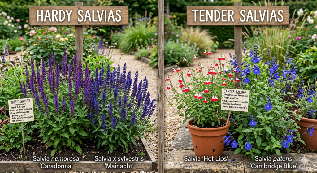 Hardy vs Tender Salvias: Which Should You Buy? 5 A side-by-side comparison in a garden setting showing "Hardy Salvias" planted directly in the ground with deep purple and blue flowers, and "Tender Salvias" planted in terracotta pots with red-and-white and bright blue flowers. Wooden signs label each section.