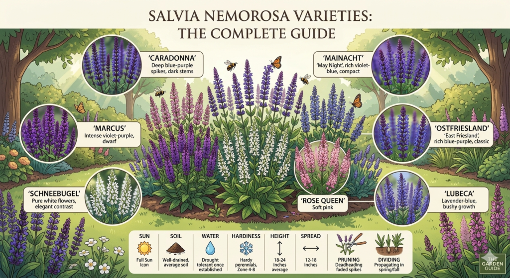 Salvia nemorosa Varieties: The Complete Guide 2 An educational infographic set in a garden titled "Salvia Nemorosa Varieties: The Complete Guide." The central image shows various salvia colors—purple, pink, and white—surrounded by circular callouts labeling specific cultivars like 'Caradonna', 'Mainacht', and 'Rose Queen'. A technical bar at the bottom details care requirements like sun, soil, and hardiness.
