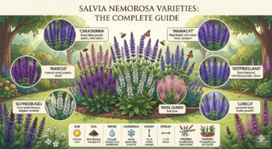 An educational infographic set in a garden titled "Salvia Nemorosa Varieties: The Complete Guide." The central image shows various salvia colors—purple, pink, and white—surrounded by circular callouts labeling specific cultivars like 'Caradonna', 'Mainacht', and 'Rose Queen'. A technical bar at the bottom details care requirements like sun, soil, and hardiness.