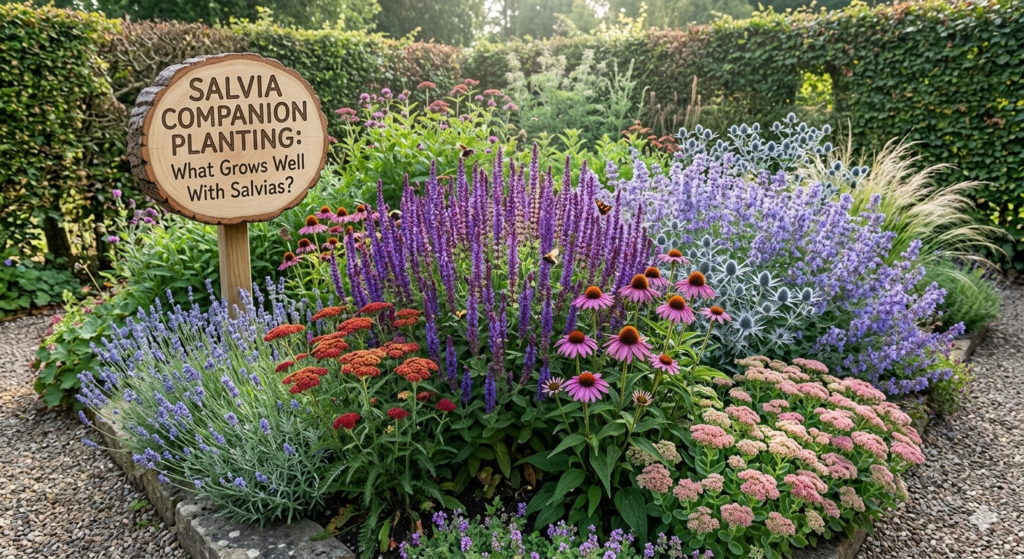 Salvia Companion Planting: What Grows Well With Salvias? 6 A lush, vibrant garden bed showcasing a variety of companion plants surrounding purple salvia spikes. In the foreground, a rustic wooden log sign reads, "SALVIA COMPANION PLANTING: What Grows Well With Salvias?". Surrounding plants include pink echinacea, lavender, orange yarrow, blue sea holly, and pink sedum.