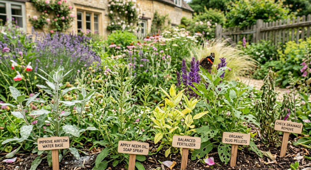5 Common Salvia Problems (And How to Fix Them) 2 A close-up, ground-level photograph of a mixed-variety Salvia problems in a garden bed in front of a stone cottage, with five different plants exhibiting various common health issues like powdery mildew, aphid damage, yellowing leaves, slug damage, and wilting, each clearly labeled with a small wooden stake providing organic remedy tips.