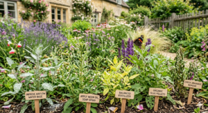 A close-up, ground-level photograph of a mixed-variety Salvia problems in a garden bed in front of a stone cottage, with five different plants exhibiting various common health issues like powdery mildew, aphid damage, yellowing leaves, slug damage, and wilting, each clearly labeled with a small wooden stake providing organic remedy tips.