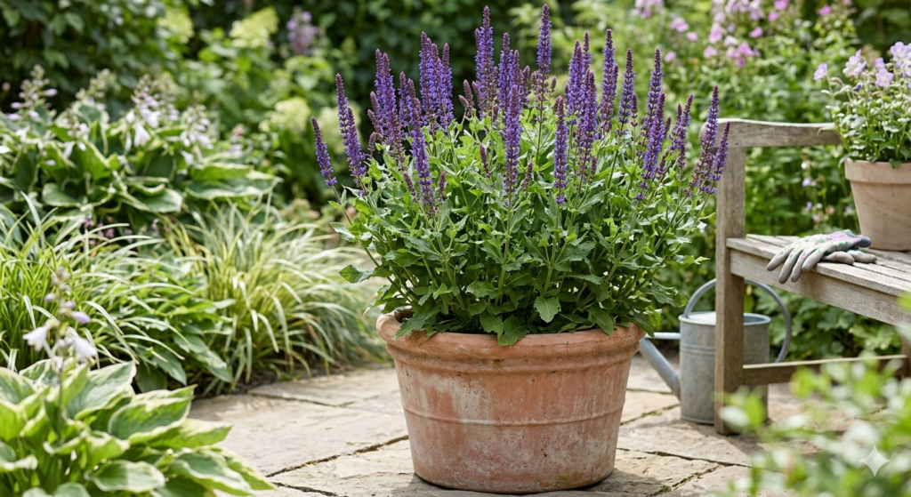 Best Salvias for Pots and Containers UK 8 Salvia nemorosa in a terracotta pot on a stone patio — best salvias for pots UK