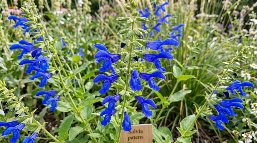 Salvia patens gentian blue flowers in full bloom — the truest blue of any salvia — Middleton Nurseries