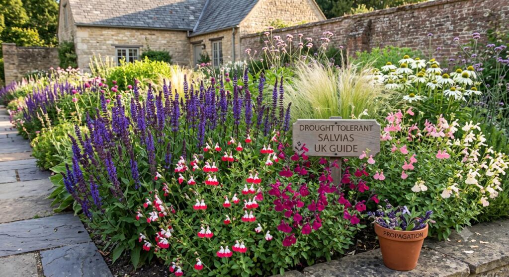 Drought Tolerant Salvias UK: Best Varieties for Dry Sunny Borders 4 Drought tolerant salvias UK growing in a sunny cottage garden border — Middleton Nurseries