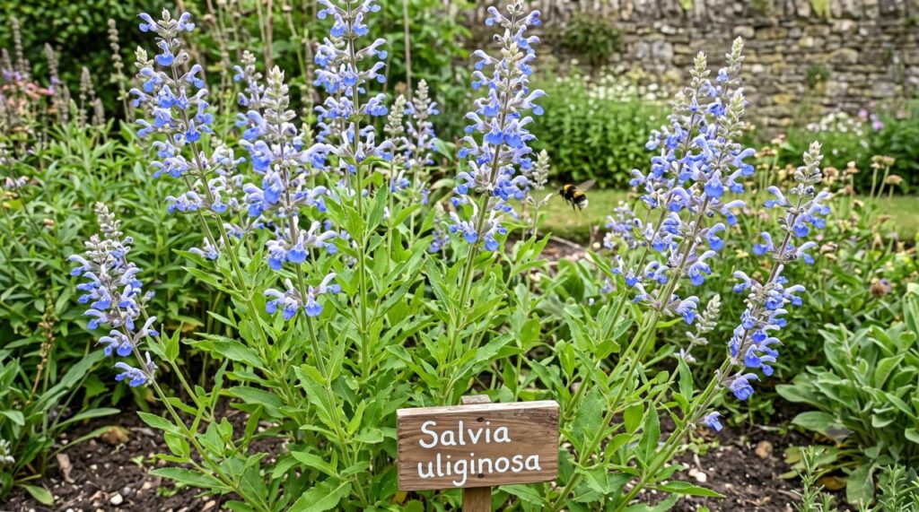 Salvia uliginosa bog sage sky-blue flowers with visiting bumblebee in UK garden — Middleton Nurseries
