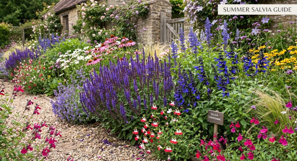 Best Salvias for a Summer Border UK: Colour and Planting Guide 9 Best salvias for a summer border UK — mixed salvia cottage garden border in full flower — Middleton Nurseries