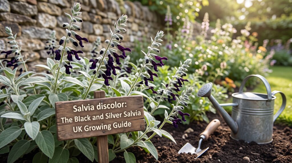 Salvia discolor: The Black and Silver Salvia UK Growing Guide 2 Salvia discolor near-black indigo flowers with distinctive silver-white woolly calyces — the most dramatic colour contrast in the salvia world — Middleton Nurseries