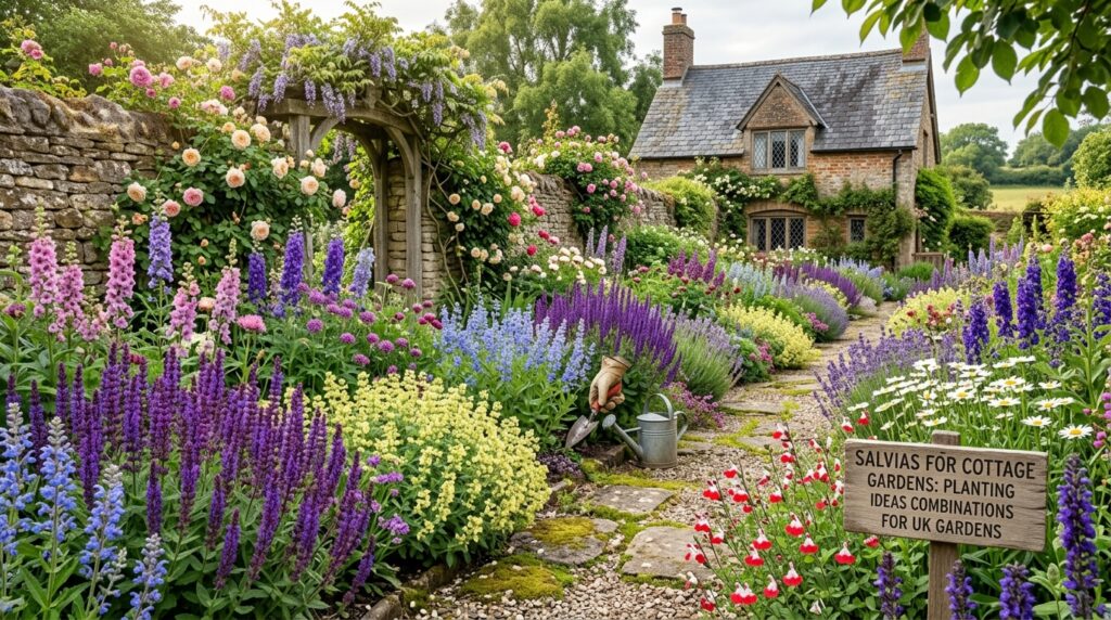 Salvias for Cottage Gardens: Planting Ideas and Combinations for UK Gardens 3 Salvias for cottage gardens UK growing in a relaxed mixed border alongside roses, geraniums and summer perennials — Middleton Nurseries