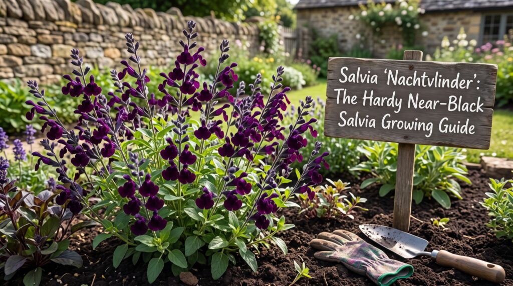 Salvia 'Nachtvlinder': The Hardy Near-Black Salvia Growing Guide 3 Salvia 'Nachtvlinder' deep midnight-purple near-black flowers on compact bushy plant — RHS H5 hardy — Middleton Nurseries