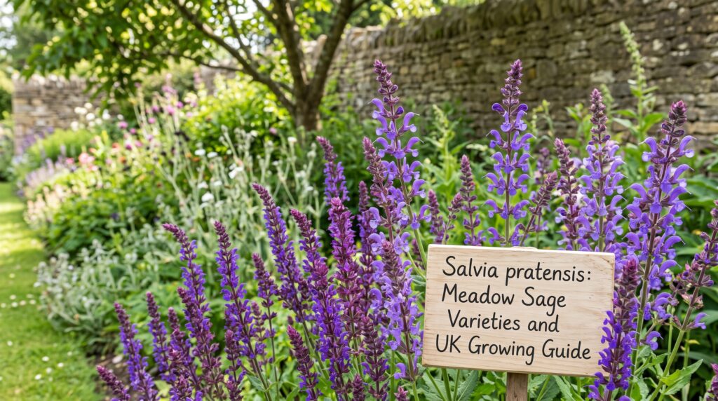 Salvia pratensis: Meadow Sage Varieties and UK Growing Guide 3 Salvia pratensis meadow sage lavender-blue flower spikes growing naturally in a UK garden border — fully hardy RHS H7 — Middleton Nurseries