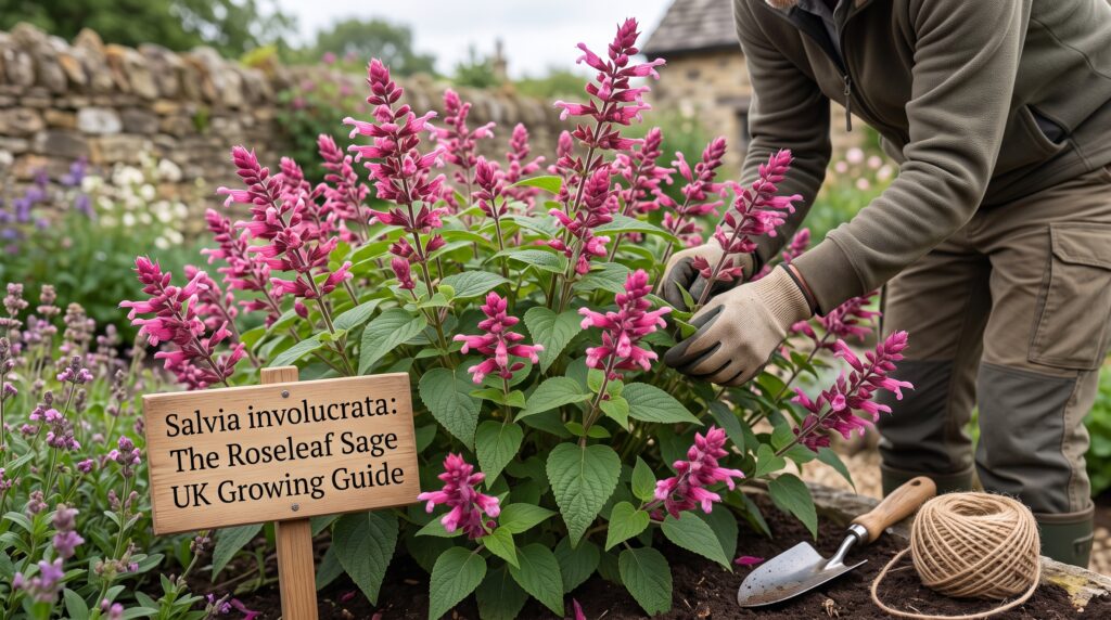 Salvia involucrata: The Roseleaf Sage UK Growing Guide 4 Salvia involucrata 'Mulberry Jam' rich hot-pink flower spikes in late summer — the roseleaf sage flowering August to November — Middleton Nurseries