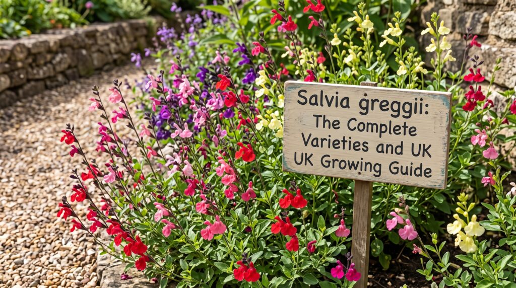 Salvia greggii: The Complete Varieties and UK Growing Guide 1 Salvia greggii autumn sage varieties showing the range of colours from yellow through pink to deep red in a UK garden — Middleton Nurseries