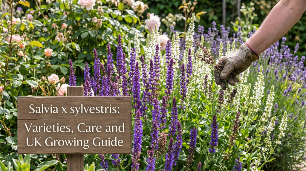 Salvia x sylvestris: Varieties, Care and UK Growing Guide 2 Salvia x sylvestris lavender-blue flower spikes with a more open naturalistic habit than nemorosa — fully hardy UK garden — Middleton Nurseries