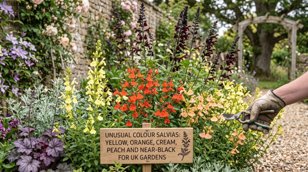 Unusual Colour Salvias: Yellow, Orange, Cream, Peach and Near-Black for UK Gardens 5 Unusual colour salvias UK showing yellow, peach and cream varieties growing together in a sunny garden border — Middleton Nurseries