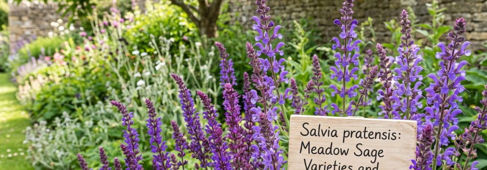 Salvia pratensis meadow sage lavender-blue flower spikes growing naturally in a UK garden border — fully hardy RHS H7 — Middleton Nurseries